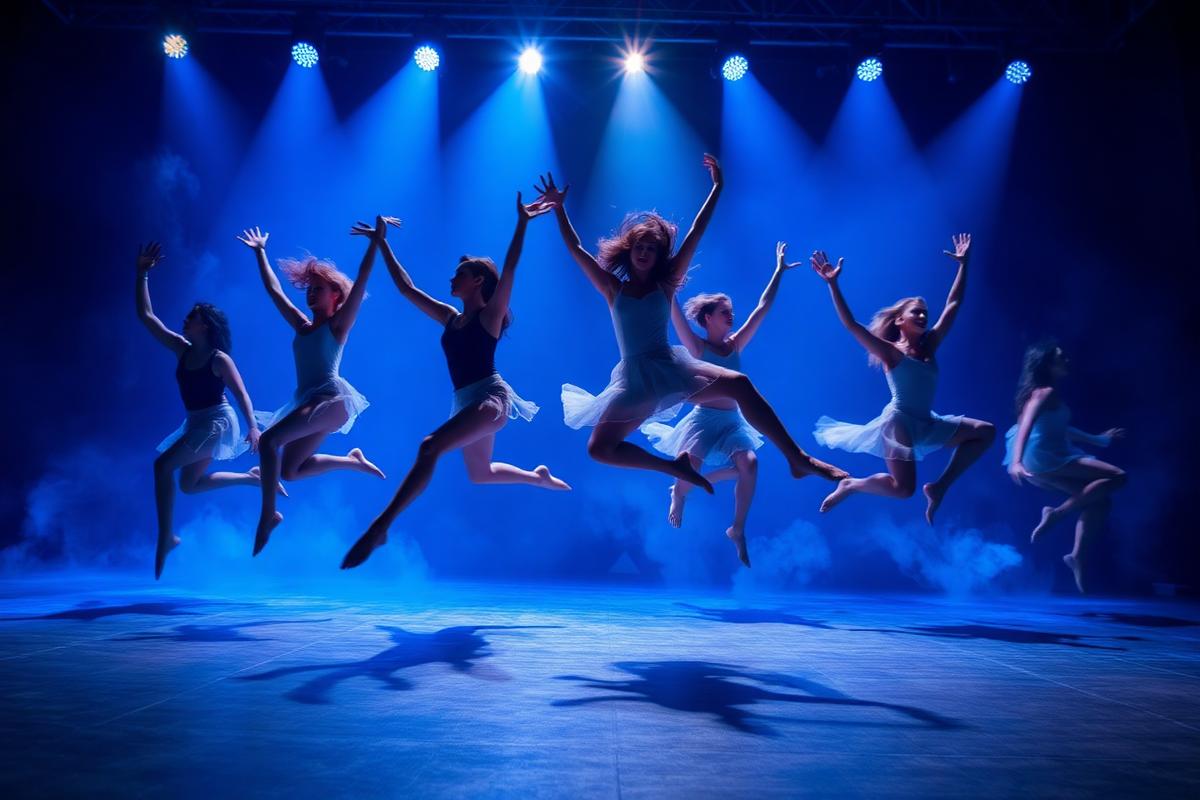 Contemporary dance group performing under blue stage lights
